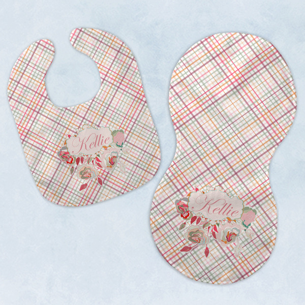 Custom Modern Plaid & Floral Baby Bib & Burp Set w/ Name or Text