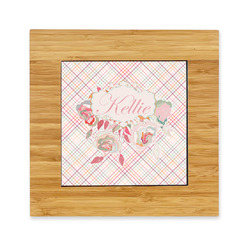 Modern Plaid & Floral Bamboo Trivet with Ceramic Tile Insert (Personalized)