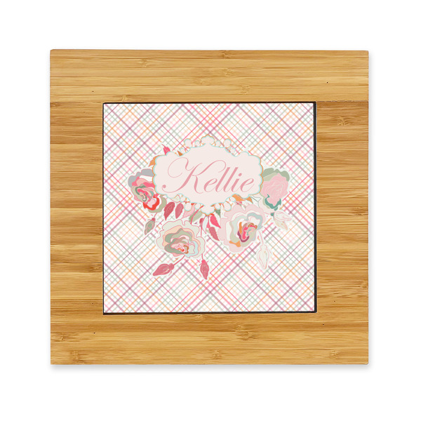 Custom Modern Plaid & Floral Bamboo Trivet with Ceramic Tile Insert (Personalized)