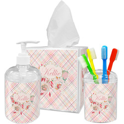 Modern Plaid & Floral Acrylic Bathroom Accessories Set w/ Name or Text