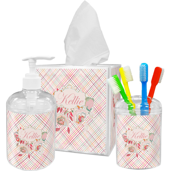 Custom Modern Plaid & Floral Acrylic Bathroom Accessories Set w/ Name or Text
