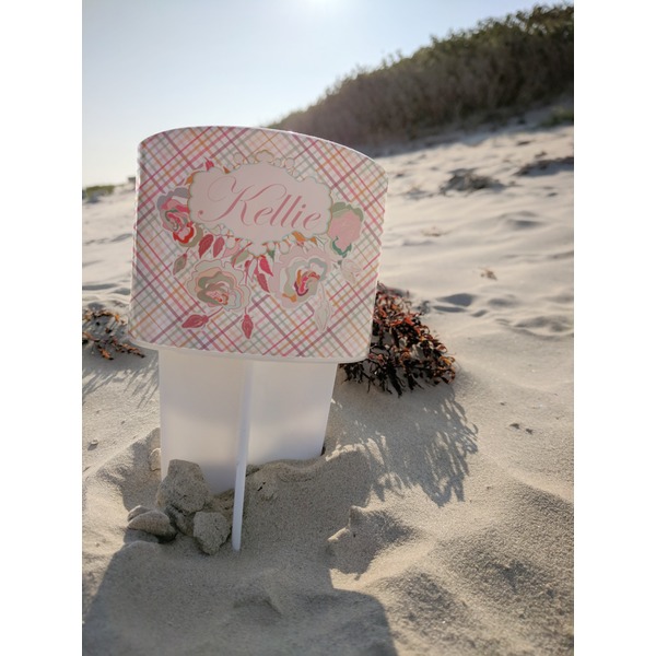 Modern Plaid & Floral Beach Spiker white on beach with sand