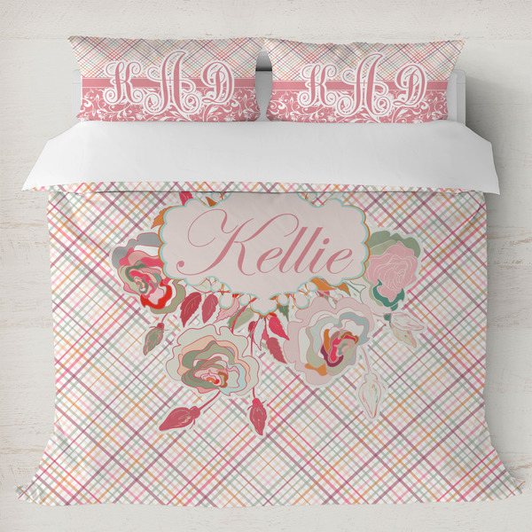 Custom Modern Plaid & Floral Duvet Cover Set - King (Personalized)