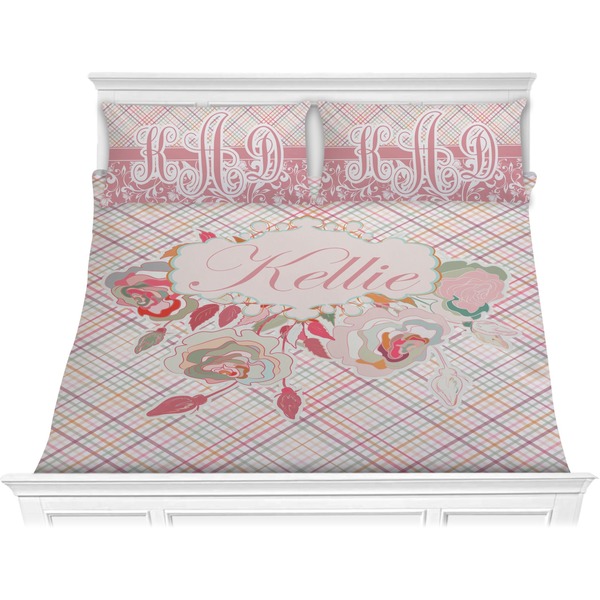 Custom Modern Plaid & Floral Comforter Set - King (Personalized)