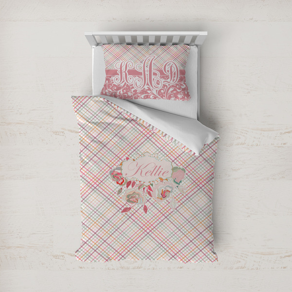 Custom Modern Plaid & Floral Duvet Cover Set - Twin (Personalized)