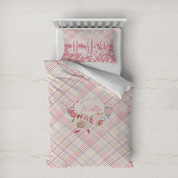 Custom Modern Plaid & Floral Duvet Cover Set - Twin XL (Personalized)