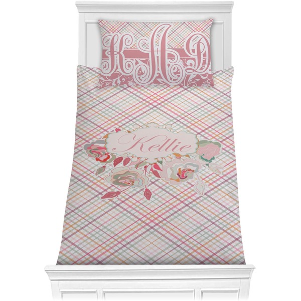 Custom Modern Plaid & Floral Comforter Set - Twin (Personalized)
