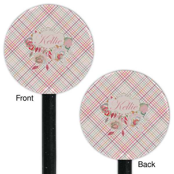 Modern Plaid & Floral Black Plastic 5.5" Stir Stick - Double Sided - Round - Front & Back