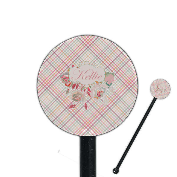 Custom Modern Plaid & Floral 5.5" Round Plastic Stir Sticks - Black - Single Sided (Personalized)