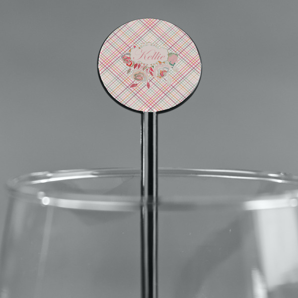 Modern Plaid & Floral Black Plastic 5.5" Stir Stick - Round - Main
