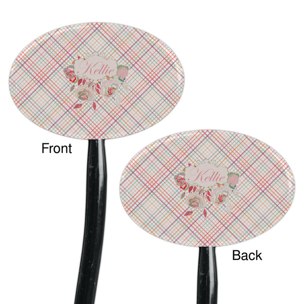 Modern Plaid & Floral Black Plastic 7" Stir Stick - Double Sided - Oval - Front & Back