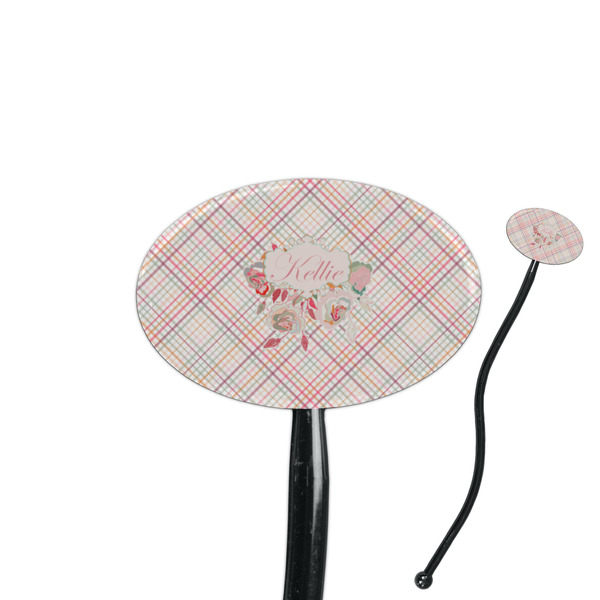 Custom Modern Plaid & Floral 7" Oval Plastic Stir Sticks - Black - Single Sided (Personalized)
