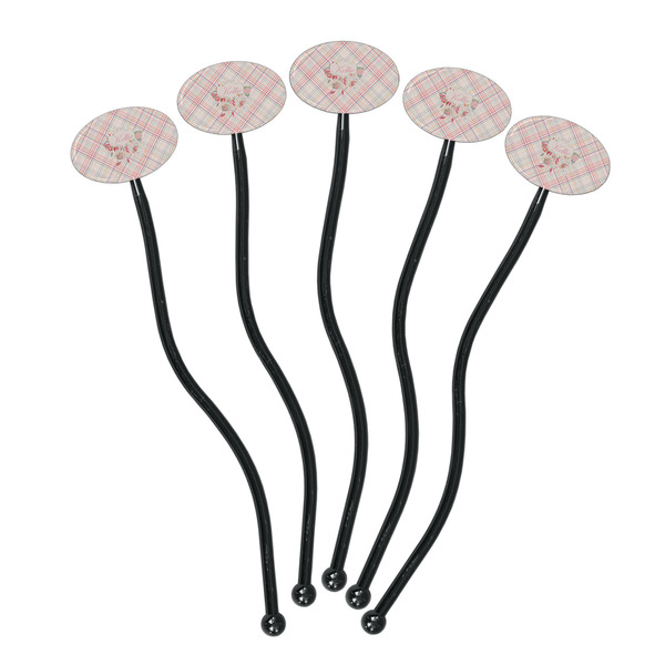 Modern Plaid & Floral Black Plastic 7" Stir Stick - Oval - Fan