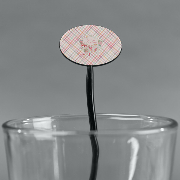 Modern Plaid & Floral Black Plastic 7" Stir Stick - Oval - Main