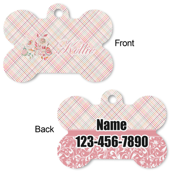 Modern Plaid & Floral Bone Shaped Dog ID Tag - Large - Approval