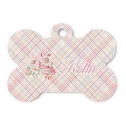Modern Plaid & Floral Bone Shaped Dog ID Tag (Personalized)
