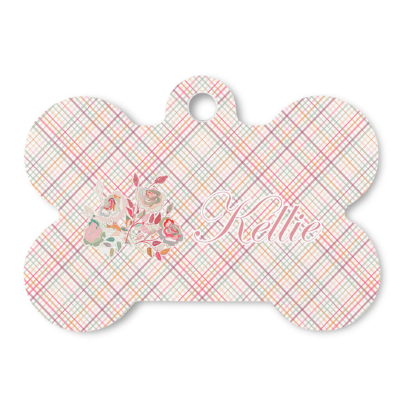 Custom Modern Plaid & Floral Bone Shaped Dog ID Tag (Personalized)