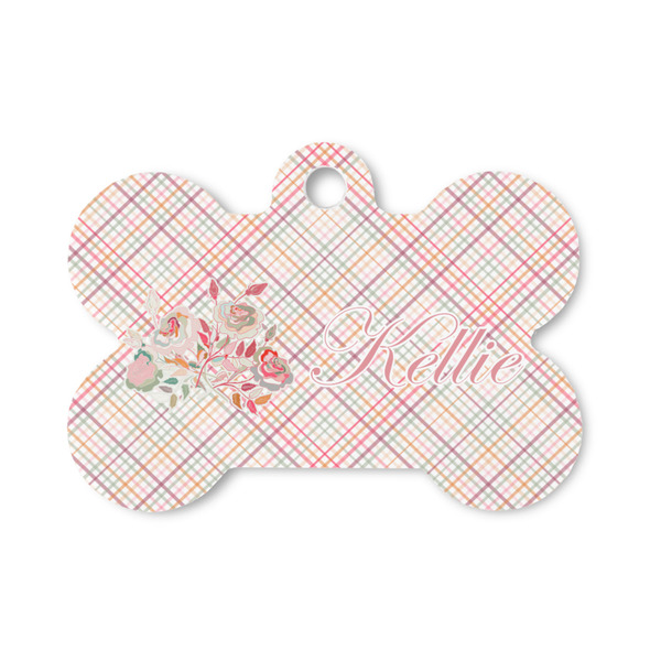 Custom Modern Plaid & Floral Bone Shaped Dog ID Tag - Small (Personalized)