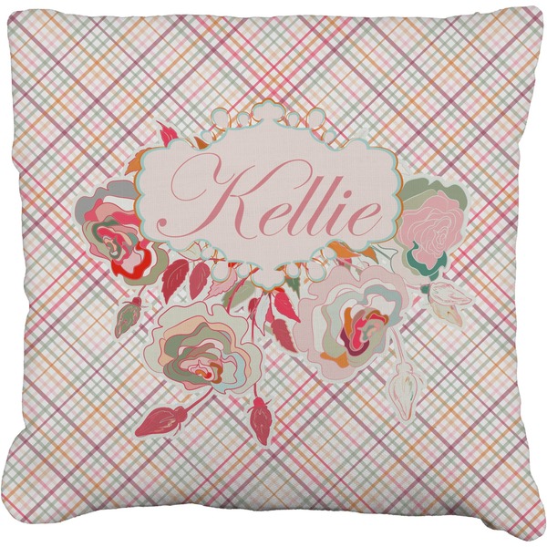 Custom Modern Plaid & Floral Faux-Linen Throw Pillow 16" (Personalized)