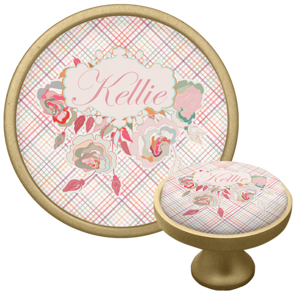 Custom Modern Plaid & Floral Cabinet Knob - Gold (Personalized)