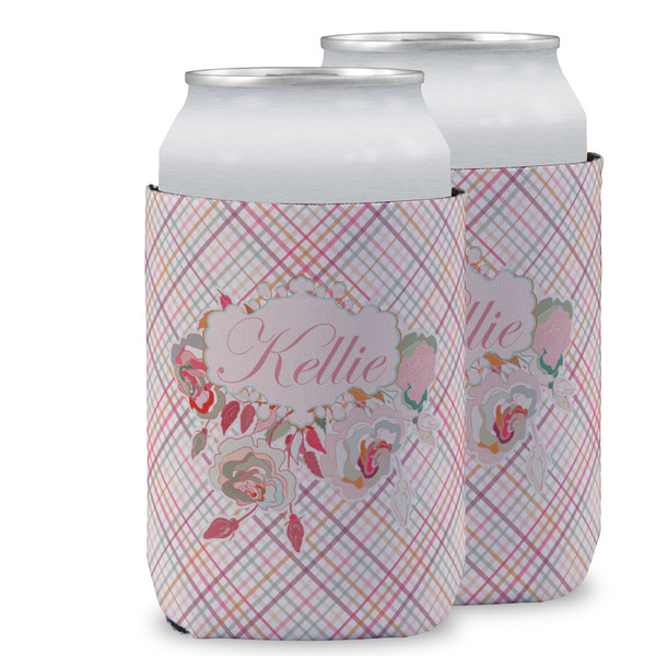 Custom Modern Plaid & Floral Can Cooler (12 oz) w/ Name or Text