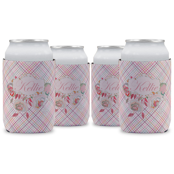 Custom Modern Plaid & Floral Can Cooler (12 oz) - Set of 4 w/ Name or Text