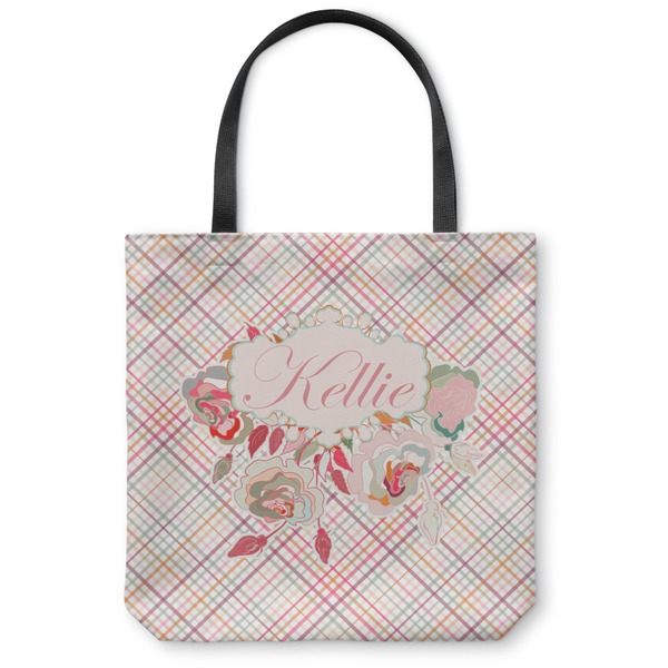 Custom Modern Plaid & Floral Canvas Tote Bag - Large - 18"x18" (Personalized)