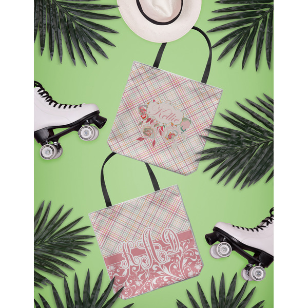 Modern Plaid & Floral Canvas Tote Lifestyle Front and Back- 13x13