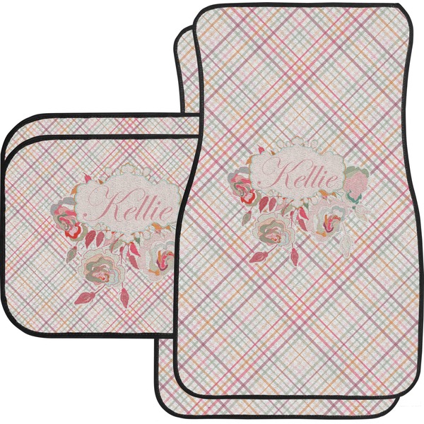 Custom Modern Plaid & Floral Car Floor Mats Set - 2 Front & 2 Back (Personalized)