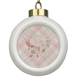 Modern Plaid & Floral Ceramic Ball Ornament (Personalized)