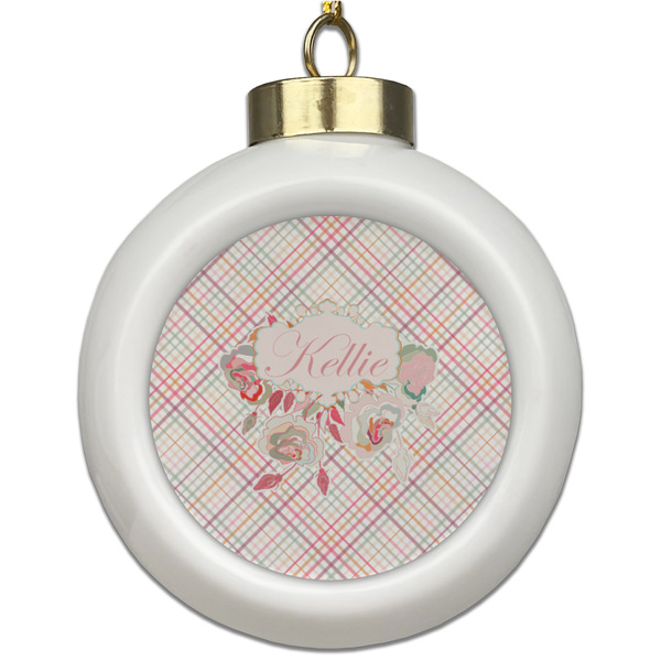 Custom Modern Plaid & Floral Ceramic Ball Ornament (Personalized)