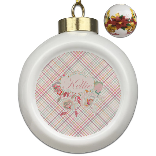 Custom Modern Plaid & Floral Ceramic Ball Ornaments - Poinsettia Garland (Personalized)