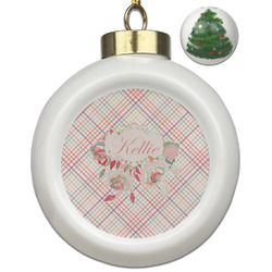 Modern Plaid & Floral Ceramic Ball Ornament - Christmas Tree (Personalized)