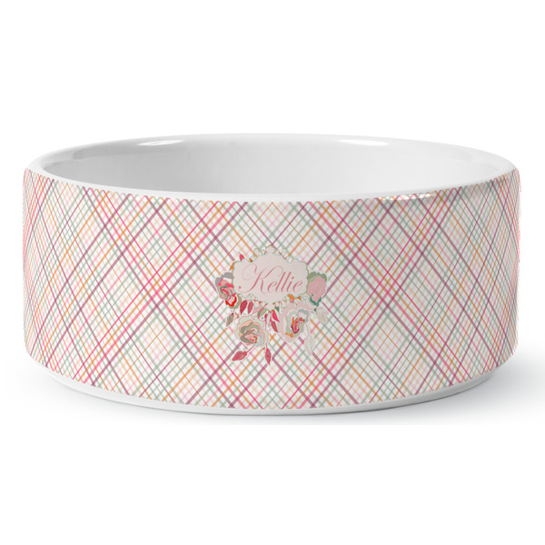 Modern Plaid & Floral Ceramic Dog Bowl - Medium - Front