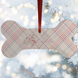 Modern Plaid & Floral Ceramic Dog Ornament w/ Name or Text