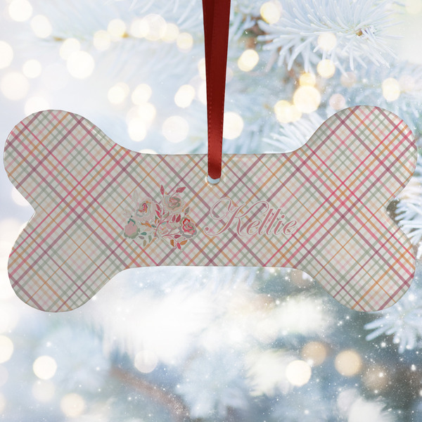 Custom Modern Plaid & Floral Ceramic Dog Ornament w/ Name or Text