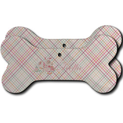 Modern Plaid & Floral Ceramic Dog Ornament - Front & Back w/ Name or Text
