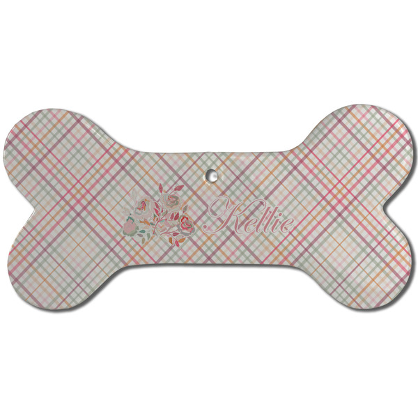 Modern Plaid & Floral Ceramic Flat Ornament - Bone Front