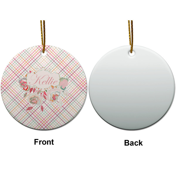 Modern Plaid & Floral Ceramic Flat Ornament - Circle Front & Back (APPROVAL)