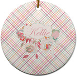 Modern Plaid & Floral Round Ceramic Ornament w/ Name or Text