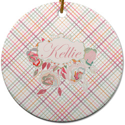 Modern Plaid & Floral Round Ceramic Ornament w/ Name or Text