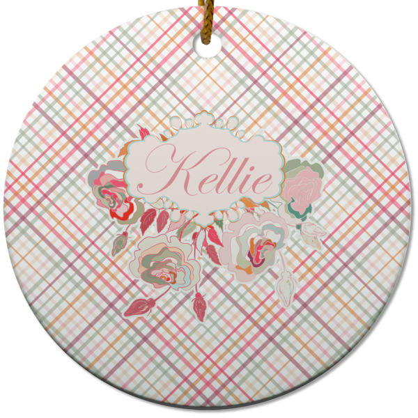 Custom Modern Plaid & Floral Round Ceramic Ornament w/ Name or Text