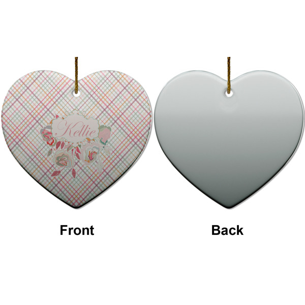 Modern Plaid & Floral Ceramic Flat Ornament - Heart Front & Back (APPROVAL)