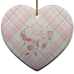 Modern Plaid & Floral Heart Ceramic Ornament w/ Name or Text