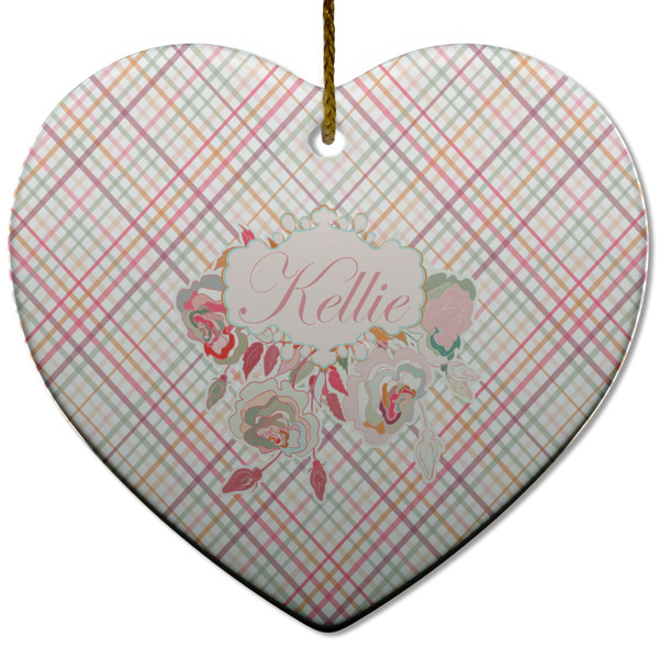 Custom Modern Plaid & Floral Heart Ceramic Ornament w/ Name or Text