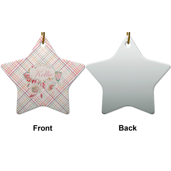 Modern Plaid & Floral Ceramic Flat Ornament - Star Front & Back (APPROVAL)