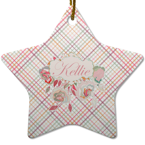 Custom Modern Plaid & Floral Star Ceramic Ornament w/ Name or Text