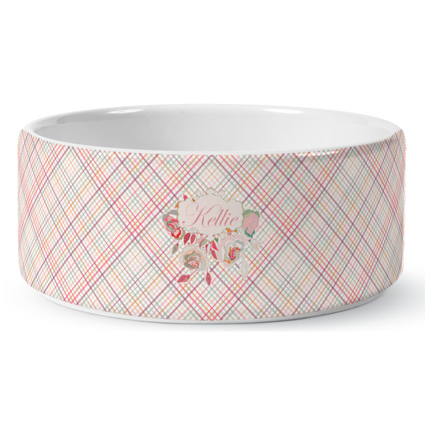 Custom Modern Plaid & Floral Ceramic Dog Bowl - Large (Personalized)