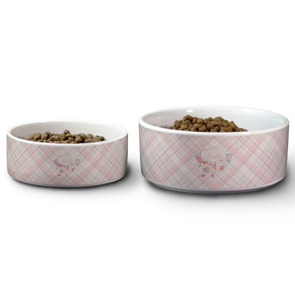 Modern Plaid & Floral Ceramic Dog Bowls - Size Comparison
