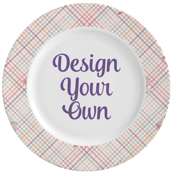 Custom Modern Plaid & Floral Ceramic Dinner Plates (Set of 4) (Personalized)